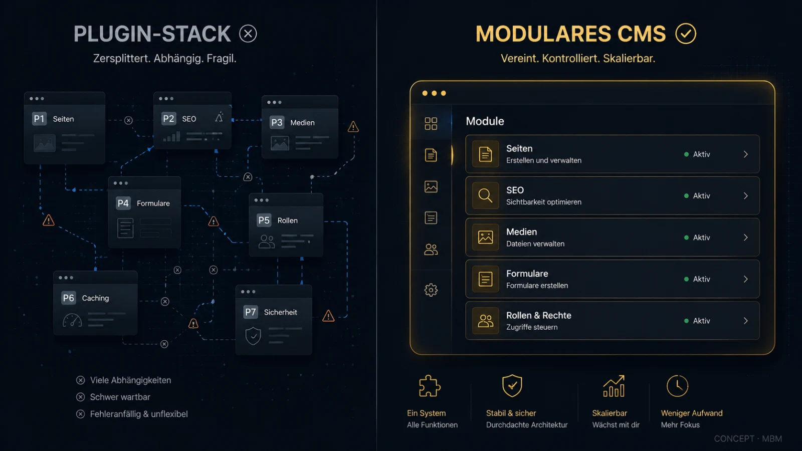 Confronto tra CMS modulare controllato e stack di plugin disordinato