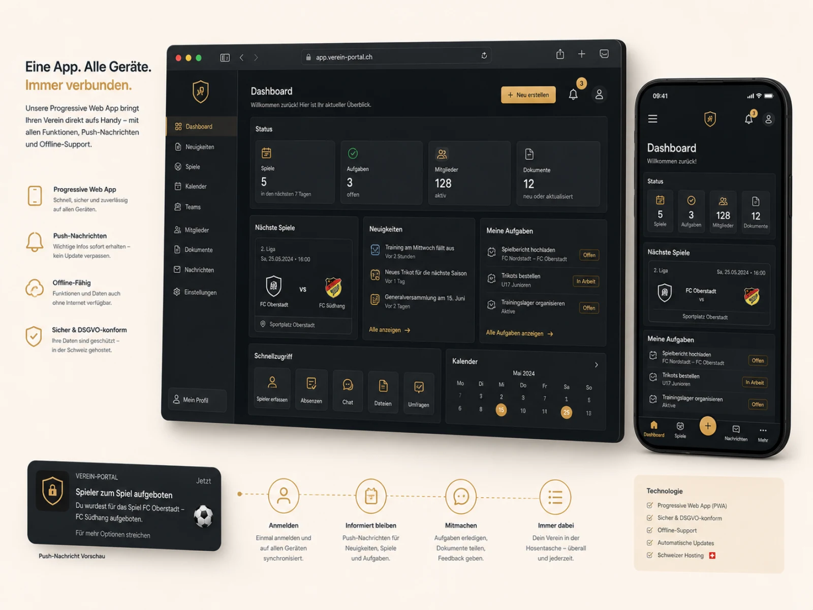 PWA moderne pour clubs avec workflows mobiles et notifications push