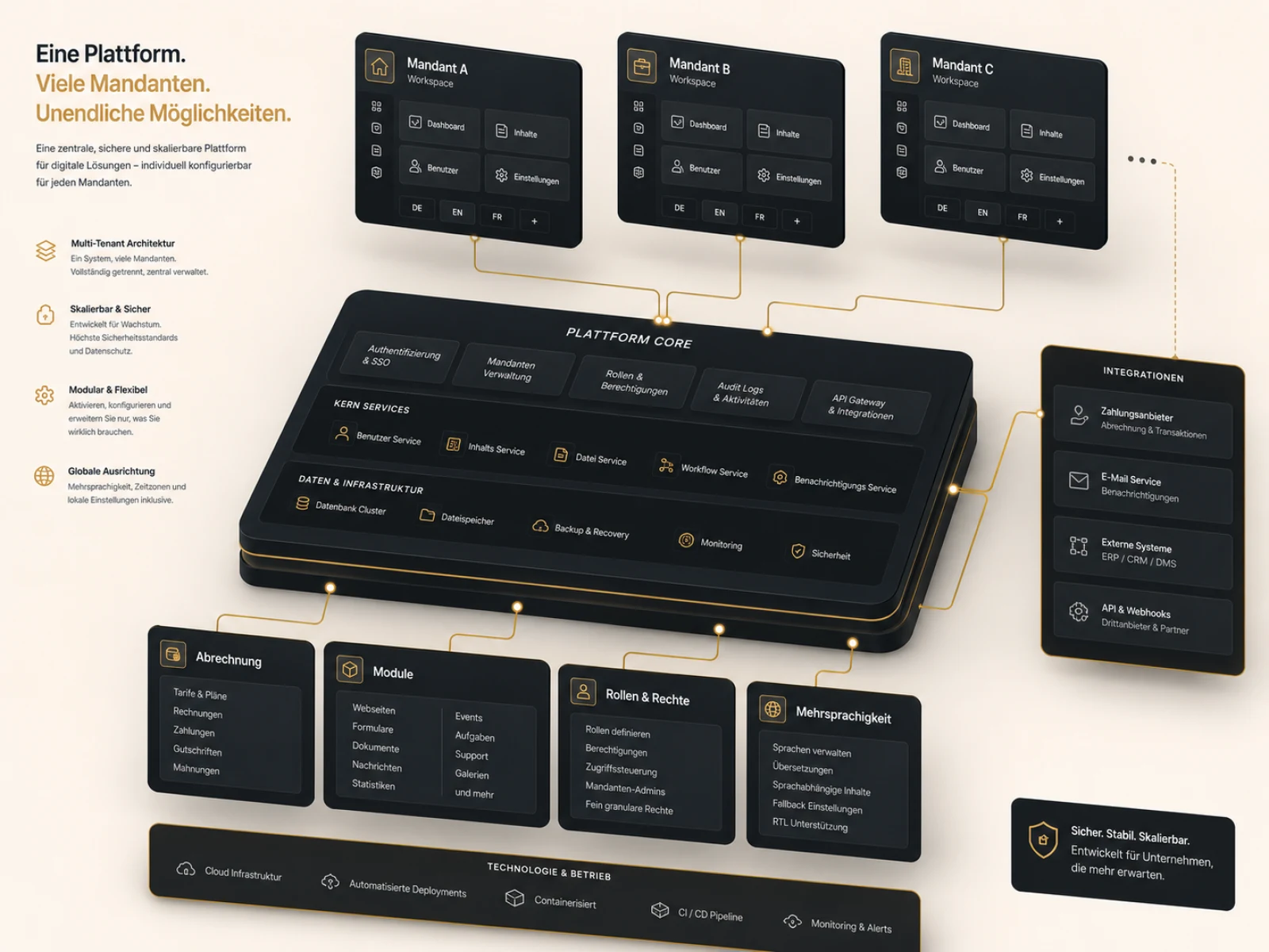 Architecture SaaS multi-tenant avec mandants, modules et plateforme centrale